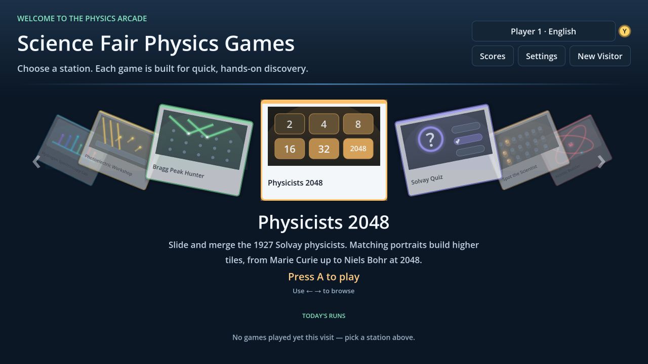 The Science Fair game wheel, with Physicists 2048 selected and the other activities arranged around it.
